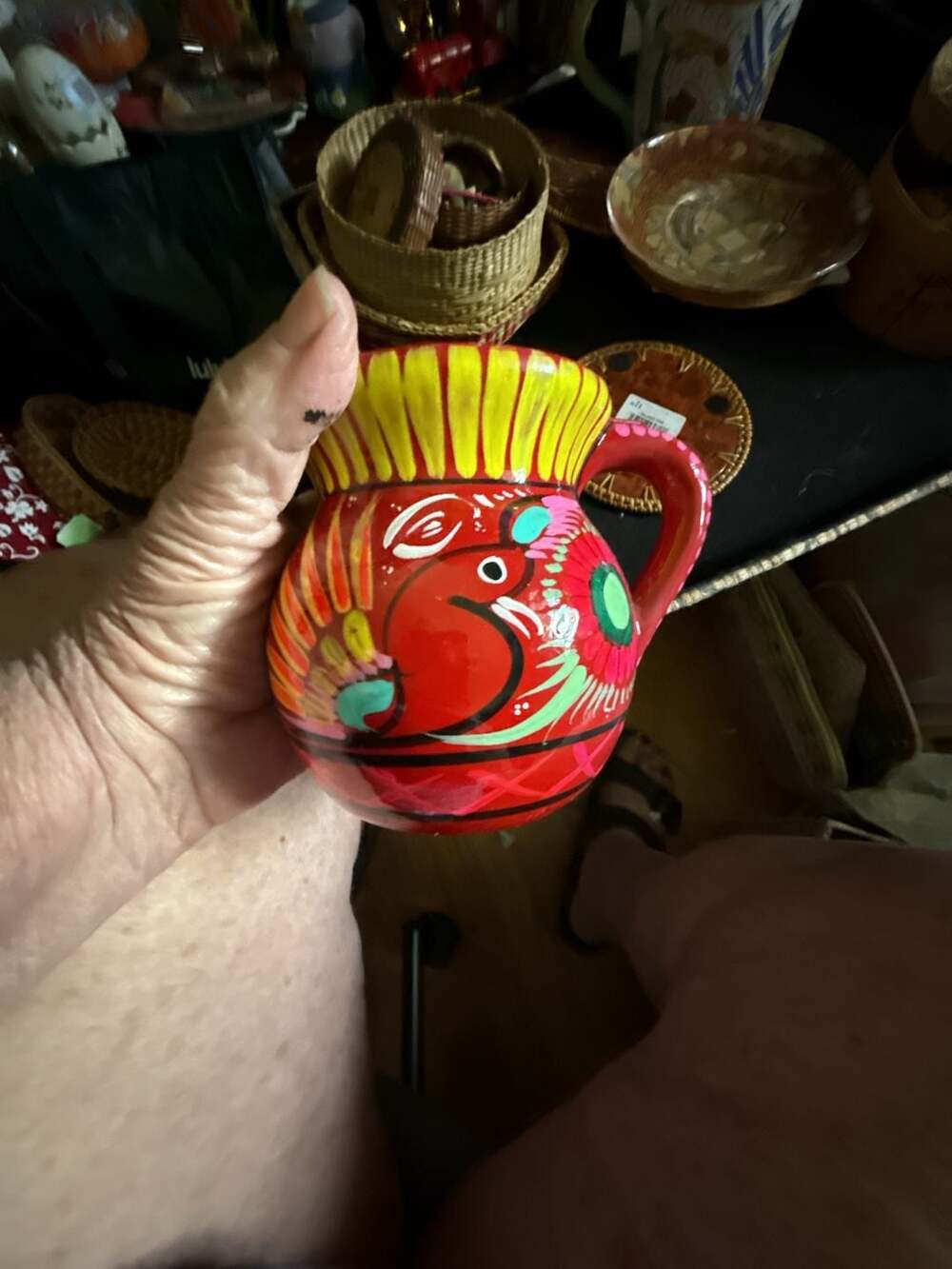 Hand-Painted Mexican Folk Art Terracotta Jarrito Mug with Bird Design